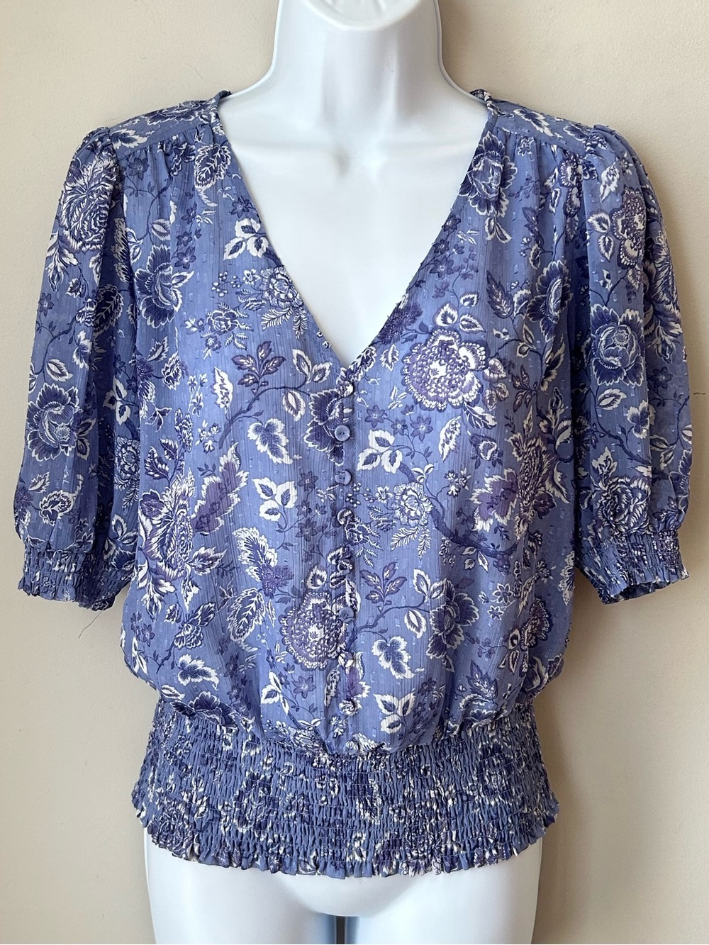 🟢 5 for $25 🟢 Rachel Roy Lavender Floral V-Neck Puff Sleeve Blouse Size Small Co